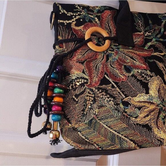 Vintage Embroidery new in bag black peacock sequin shoulder bag - Picture 3 of 5